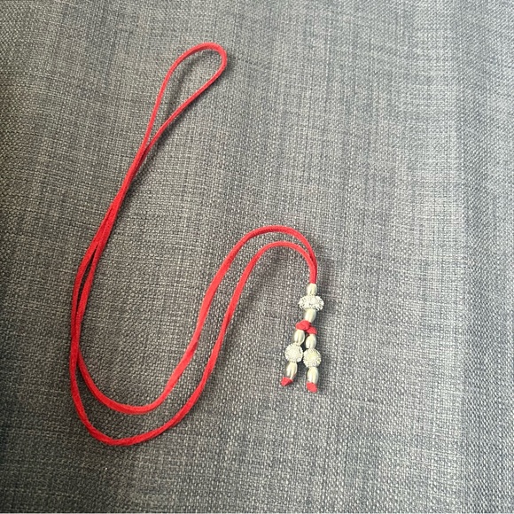 Sparkly necklace with silver and cz type stones on red leather cord adju… - Picture 7 of 9
